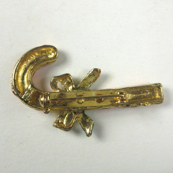 Candy Cane Pin Brooch 2 In Jewelry Christmas Xmas Holiday Bow Red Party Goldtone - Picture 4 of 4